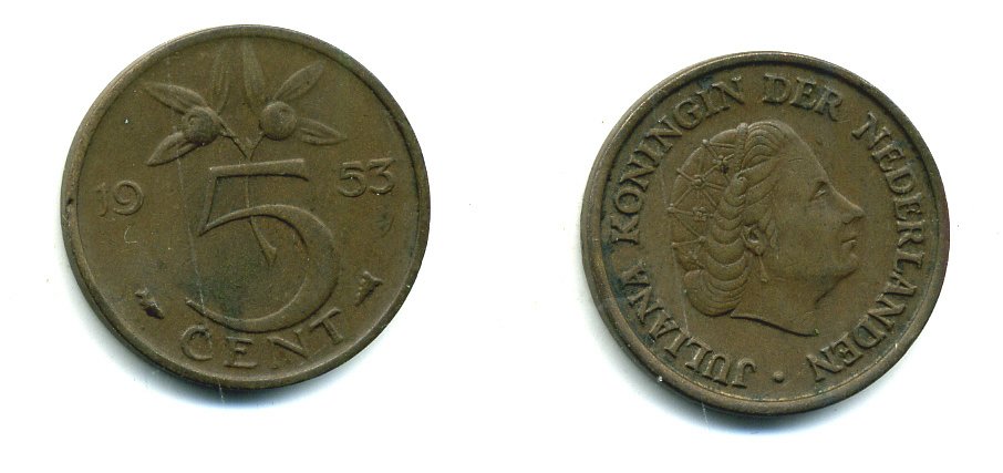Нидерланды 5 центов 1953 Юлиана (1948-1980) KM 181 бронза 76-415