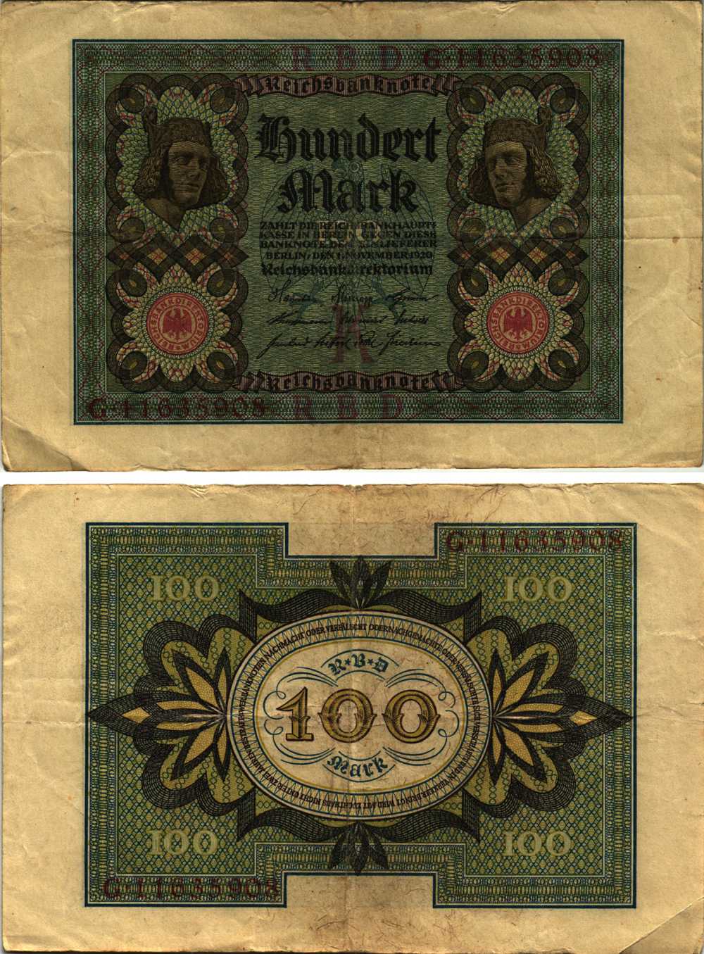 Германия 100 марок 1920 Бамбергский всадник, 8 цифр в номере, буква K Pick 69 b, Розенберг 69b бумага 8609-56-1