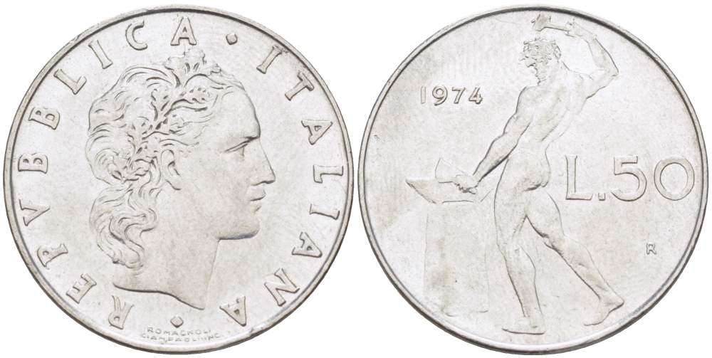 ИТАЛИЯ 50 ЛИР 1974 R, КУЗНЕЦ, ВУЛКАН БОГ ОГНЯ, ДИАМЕТР 25 ММ. KM 95.1 нержавеющая сталь 113-322