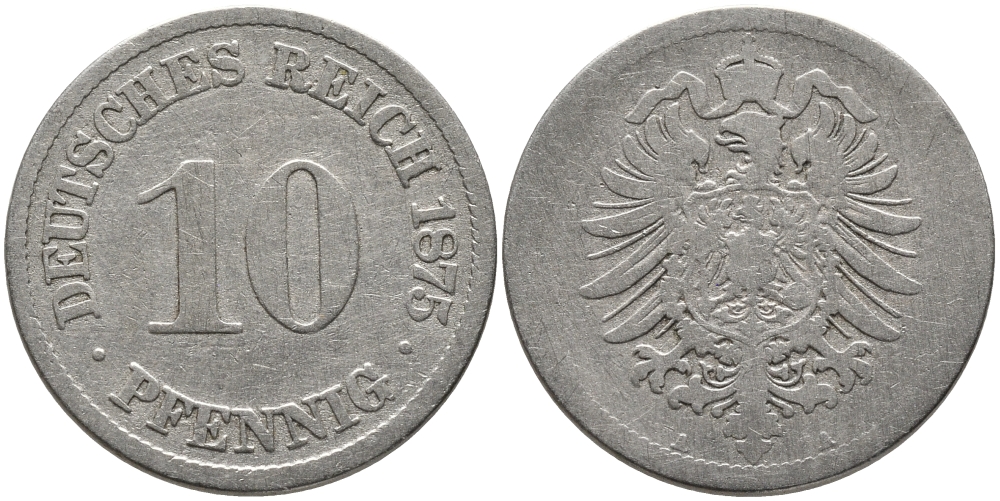 ГЕРМАНИЯ 10 ПФЕННИГОВ 1875 А, СТАРОГЕРБОВКА KM 4, J.4 медно-никель 96-626