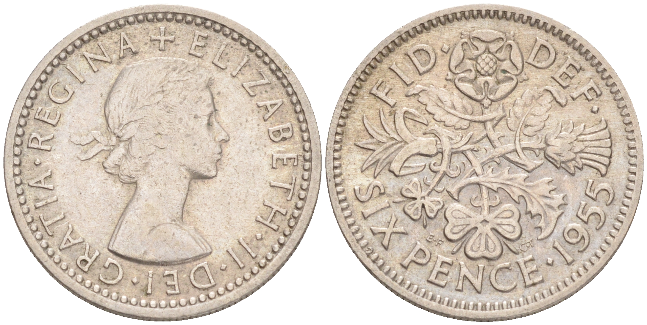 Великобритания 6 пенсов 1955 Елизавета II (1952-2022) KM 903, Spink 4149 медно-никель 192-229