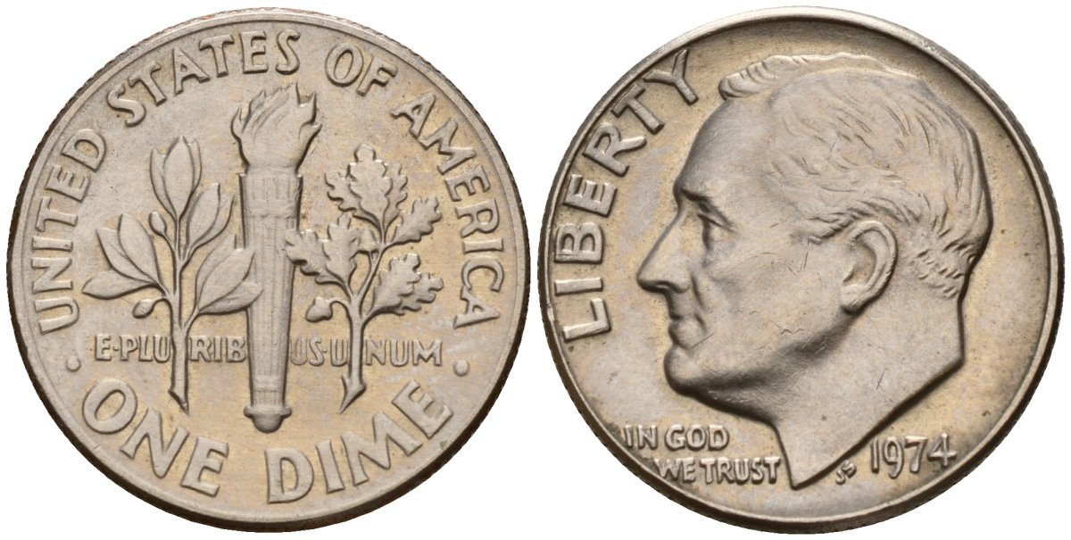 США 10 центов (дайм) 1974 Франклин Рузвельт KM 195a медь плакированная медно-никелем 4189-448