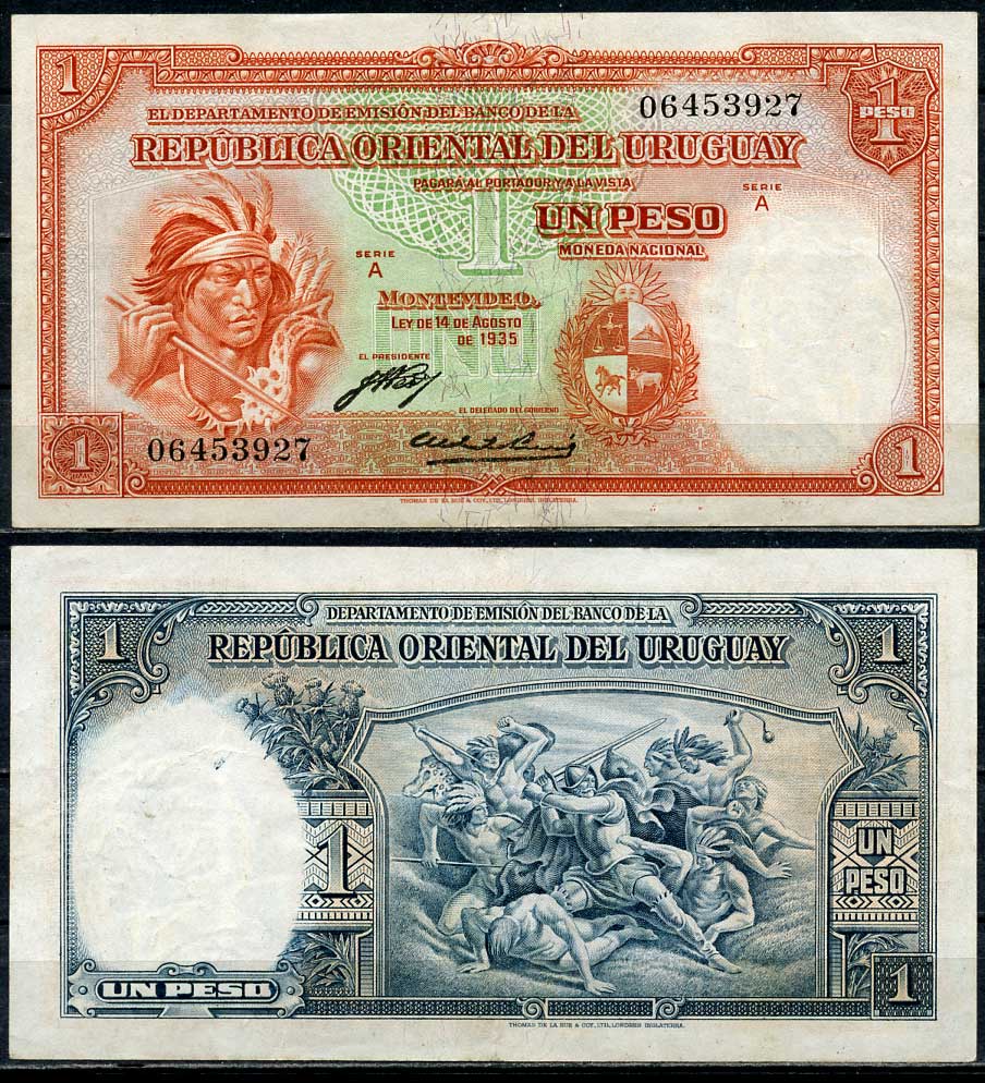 Уругвай 1 песо 1935 индеец, конкистадор, сражающийся с индейцами, серия A, две подписи Pick 28 a  бумага   451-71-2