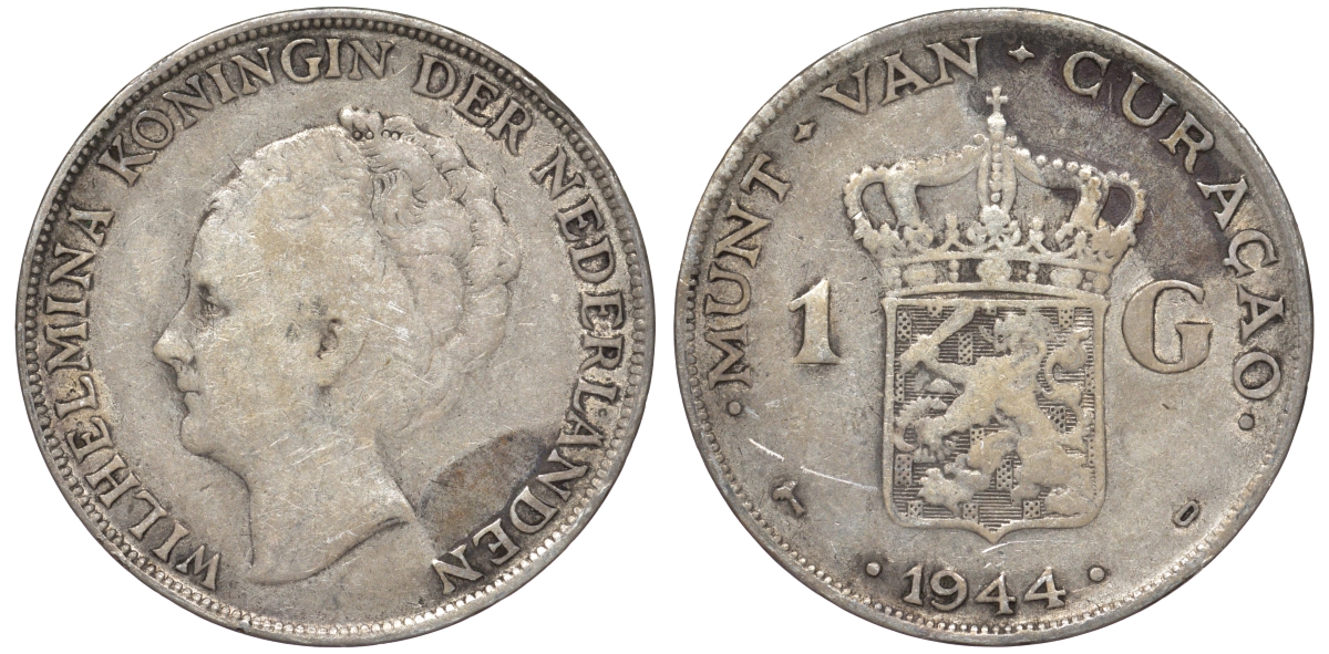 Нидерландское Кюрасао 1 гульден 1944 D, Вильгельмина (1890-1948) KM 45 серебро 36-242