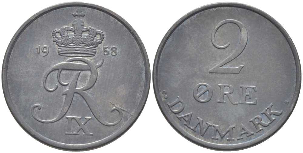ДАНИЯ 2 ЭРЕ 1958 C;S, ФРЕДЕРИК IX (1947-1972) KM 840,2 цинк 202-653