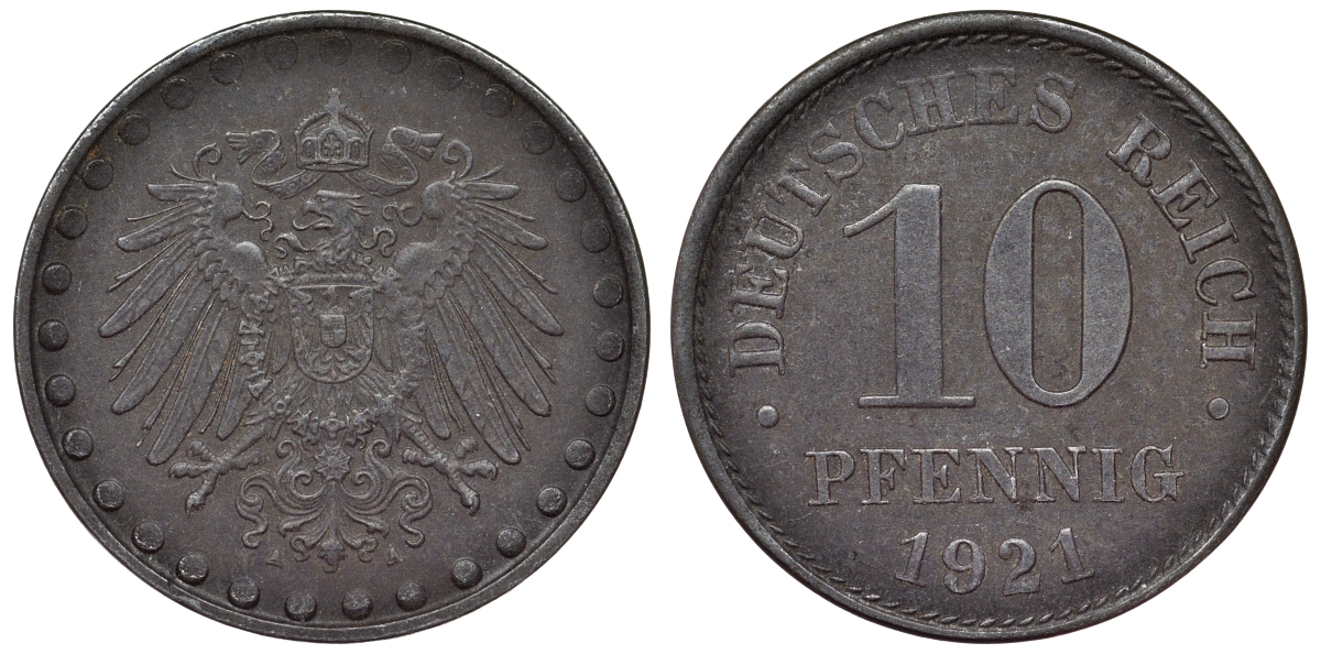 Германия 10 пфеннигов 1921 A KM 20, J. 298 железо 4119-121
