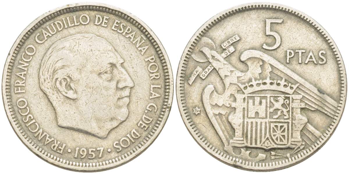 ИСПАНИЯ 5 ПЕСЕТ 1957 (59) ФРАНСИСКО ФРАНКО, ДИКТАТОР ИСПАНИИ (1949-175) KM 787 медно-никель 4525-522