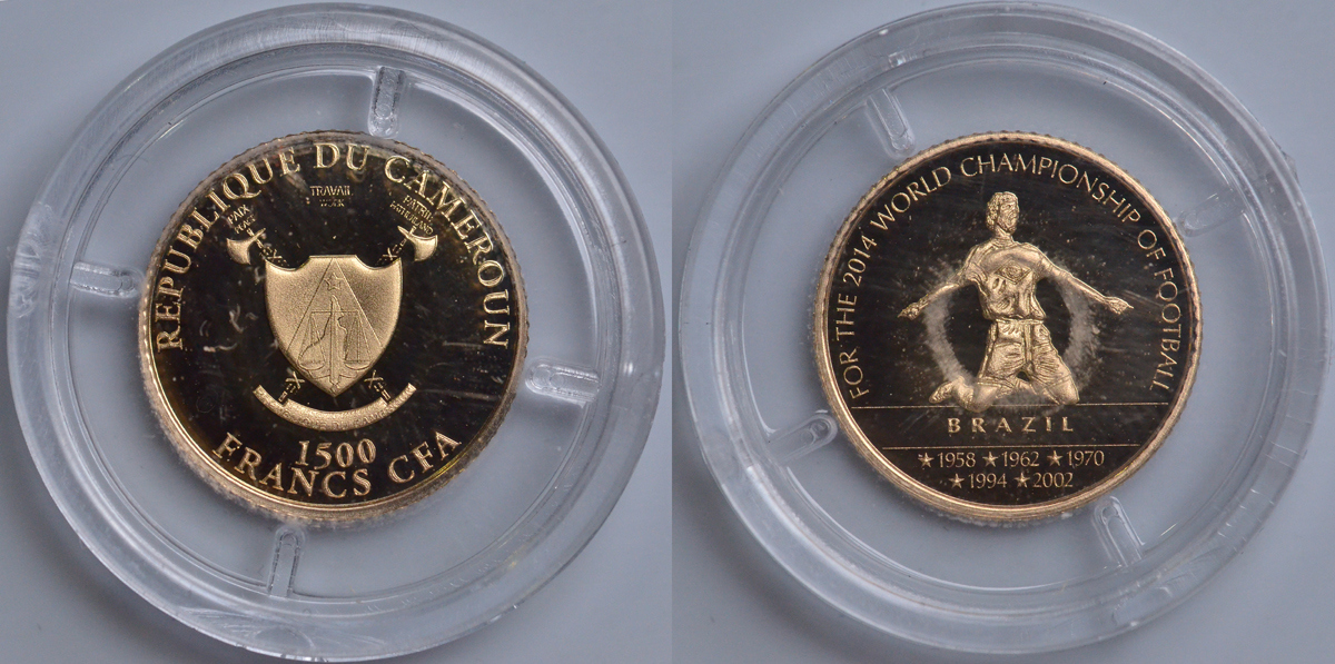 КАМЕРУН 1500 ФРАНКОВ 2014 ЧЕМПИОНАТ МИРА ПО ФУТБОЛУ - 2014, БРАЗИЛИЯ - ГОДЫ ЧЕМПИОНСТВА, РАДОСТНЫЙ ИГРОК ЗАБИВШИЙ ГОЛ KM NEW золото PROOF 00-000-00