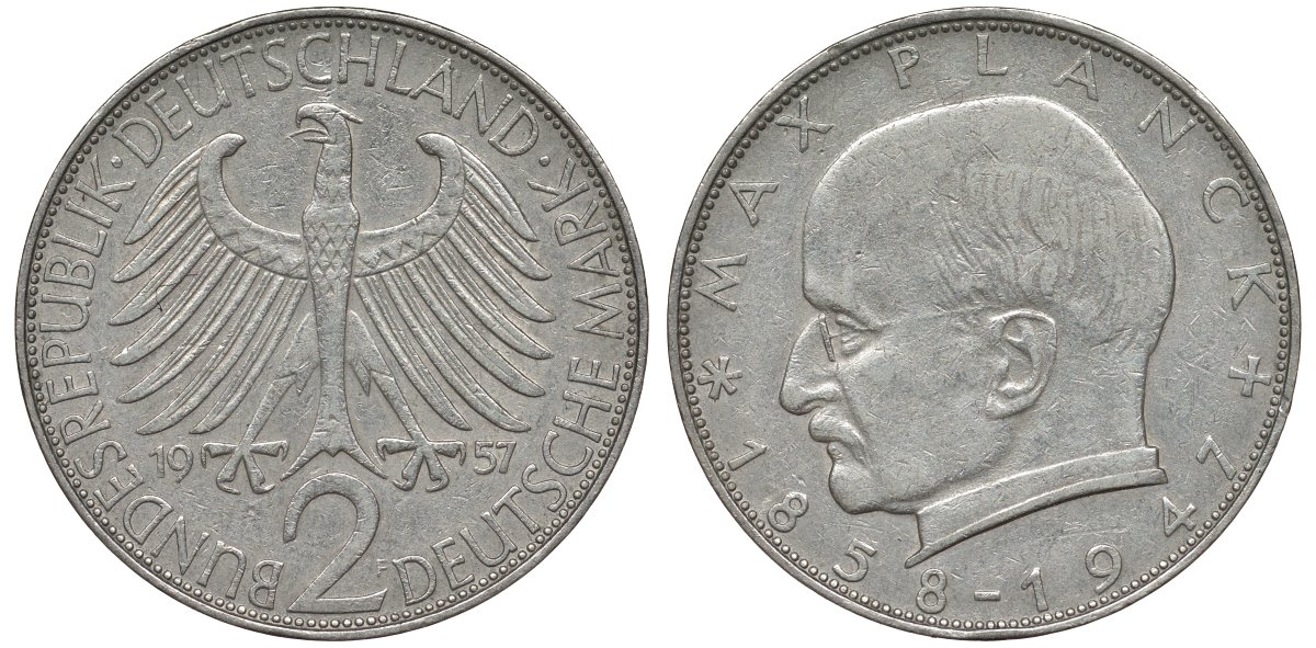 ФРГ 2 марки 1957 F, Макс Планк KM 116, J. 392 медно-никель плакированный никелем 72-231