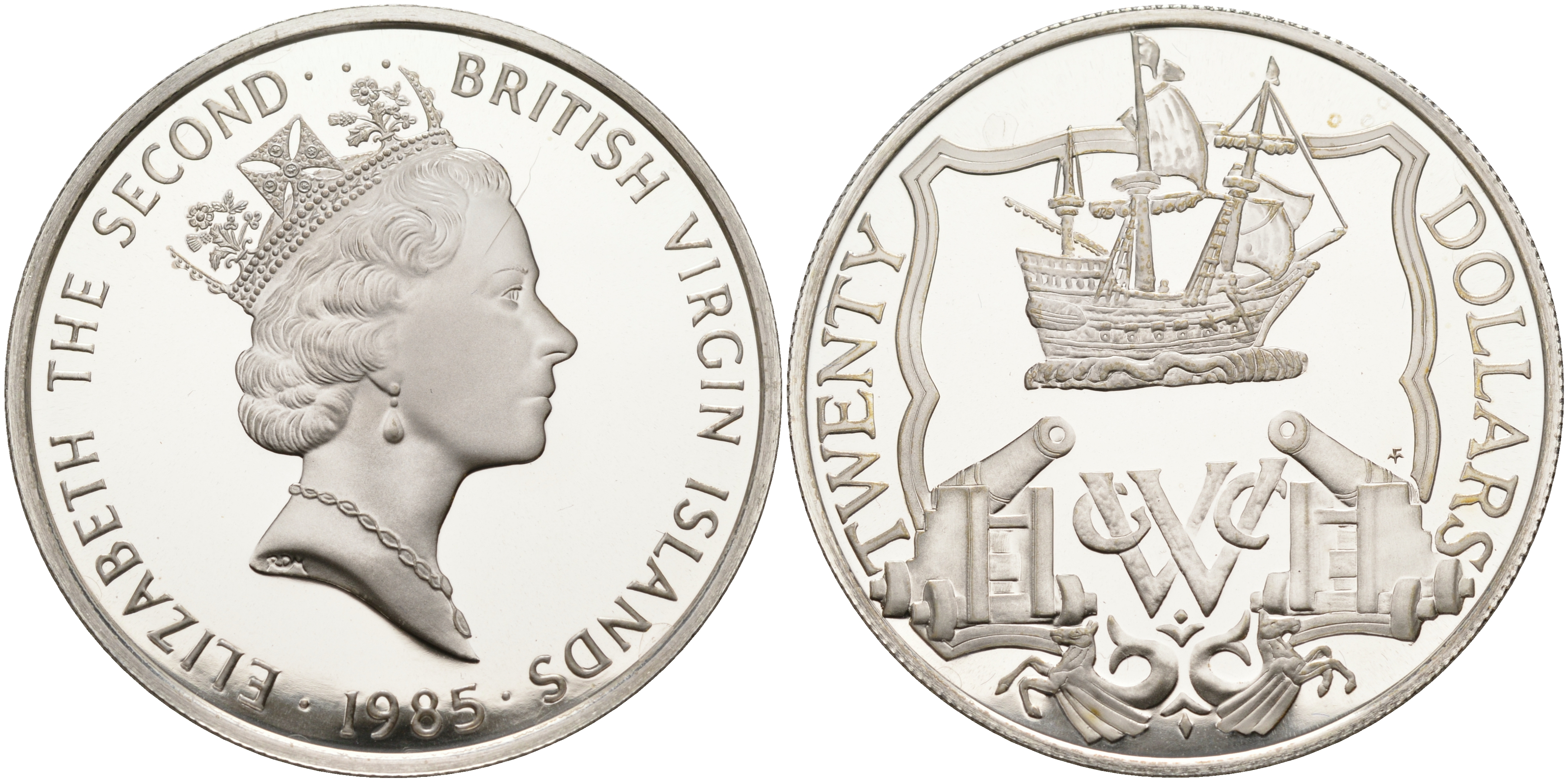 Британские Виргинские острова 20 долларов 1985 парусник и орудия KM 65 серебро  PROOF  1095-2-23