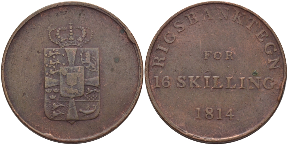 ДАНИЯ 16 СКИЛЛИНГОВ 1814 БАНКОВСКИЙ ТОКЕН KM Tn3 (684) медь 97-1126