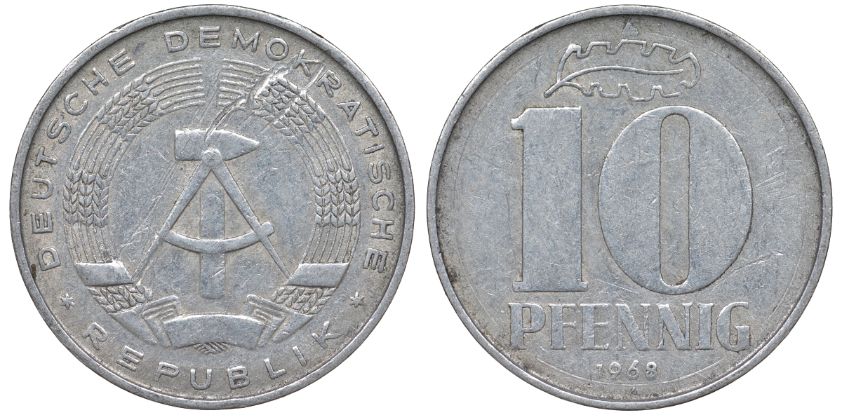 ГДР 10 пфеннигов 1968 A KM 10 алюминий 62-815