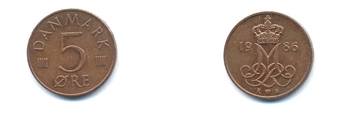 ДАНИЯ 5 ЭРЕ 1986 R; B, МАРГРЕТЕ II (1972-) KM 859.3 железо плакированное медью 23-721