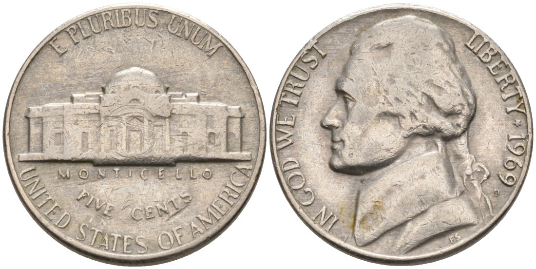 США 5 центов 1969 D, Джефферсон KM А192 медно-никель 92-1145