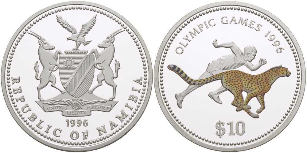 Намибия 10 долларов 1995 олимпийские игры 1996 года в Атланте США, бег с гепардом, цветная эмаль, в коробке KM 11 серебро PROOF 6-5-3-36