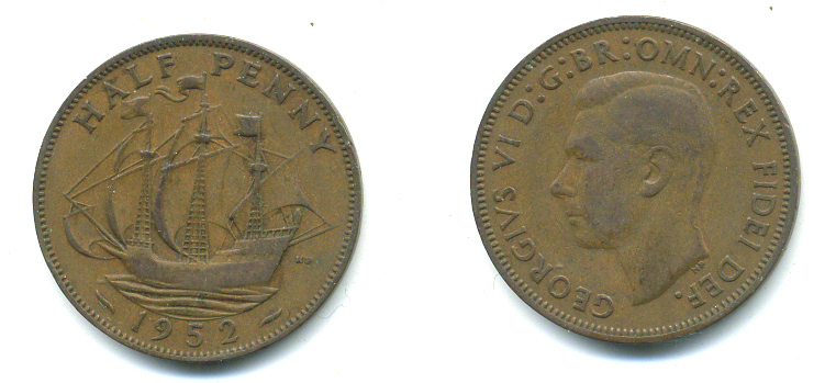 Великобритания 1/2 пенни 1952 Георг VI (1936-1952) KM 868, Spink 4118 бронза 4383-324