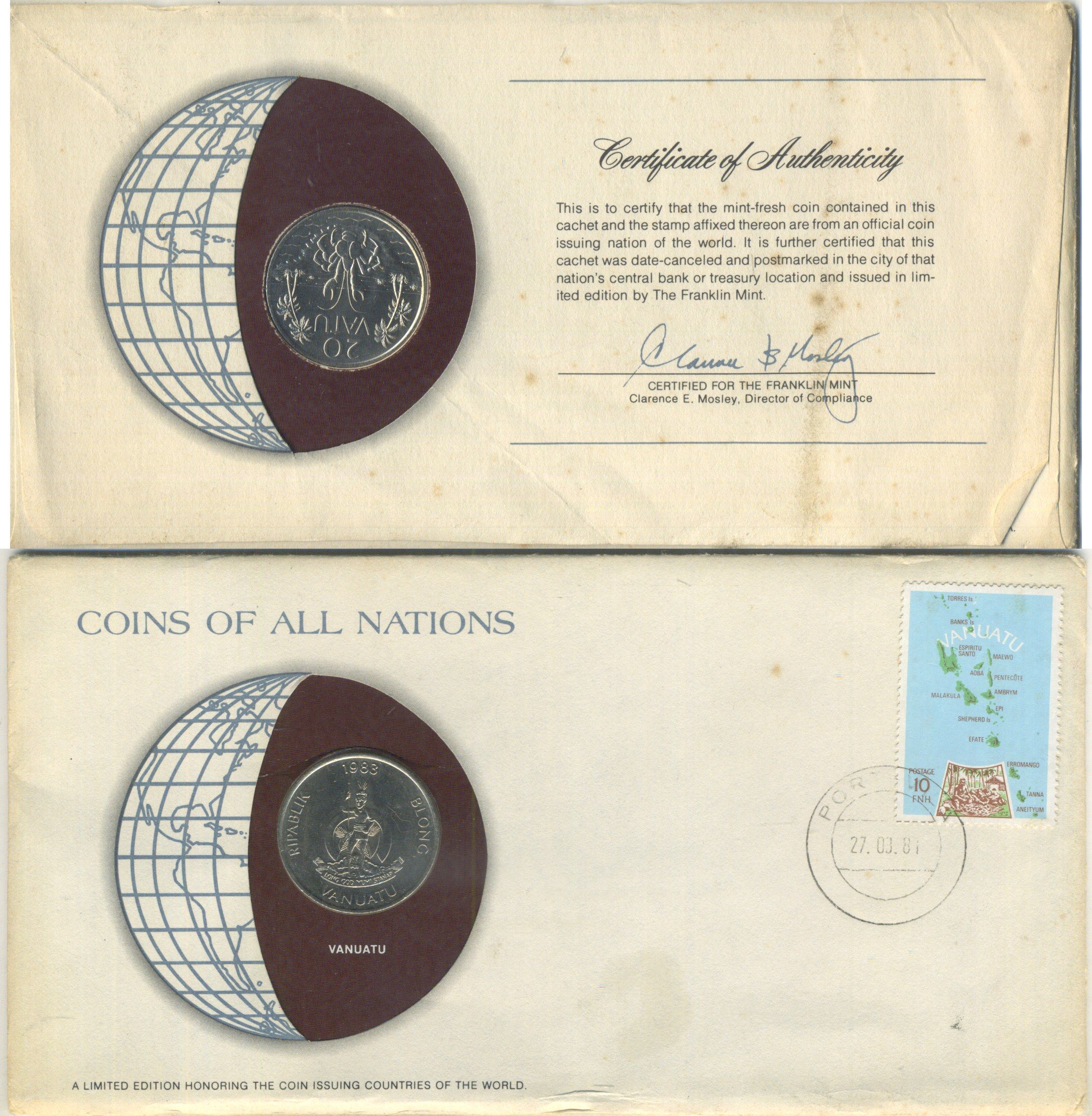 Вануату 20 вату 1983 конверт с маркой первого дня гашения, Coins of Nations KM 7 медно-никель UNC 8-2-06-23