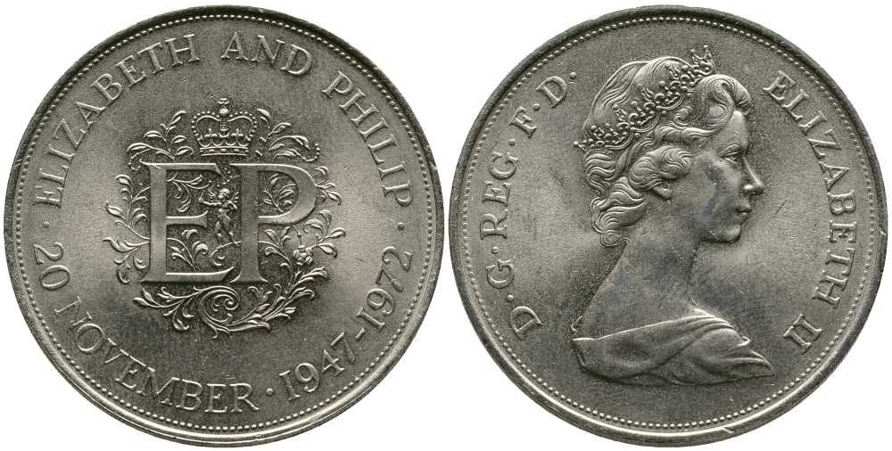 Великобритания 25 пенсов 1972 25 лет со дня свадьбы Елизавтеы II И Филлипа (1947-1972, серебрянная свадьба), Елизавета II (1952-2022) KM 917, Spink 4226 медно-никель UNC 4386-413