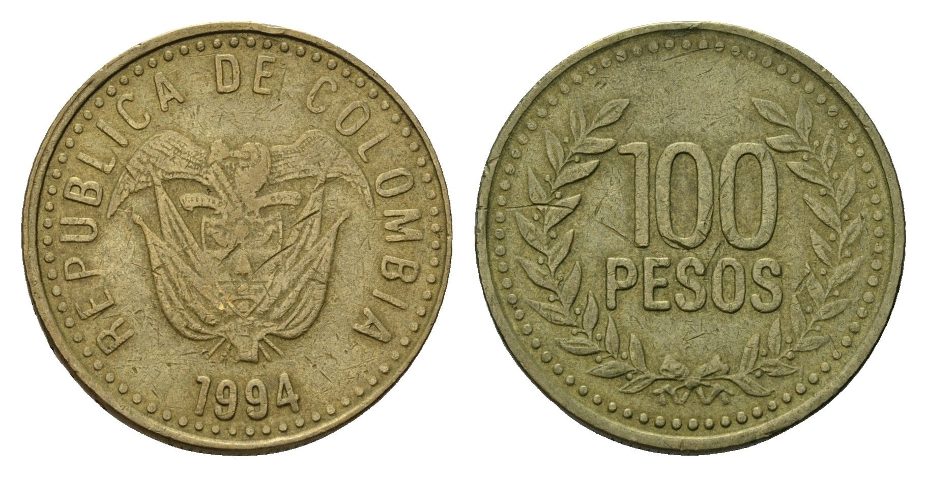 Колумбия 100 песо 1994 KM 285 латунь 4539-1143