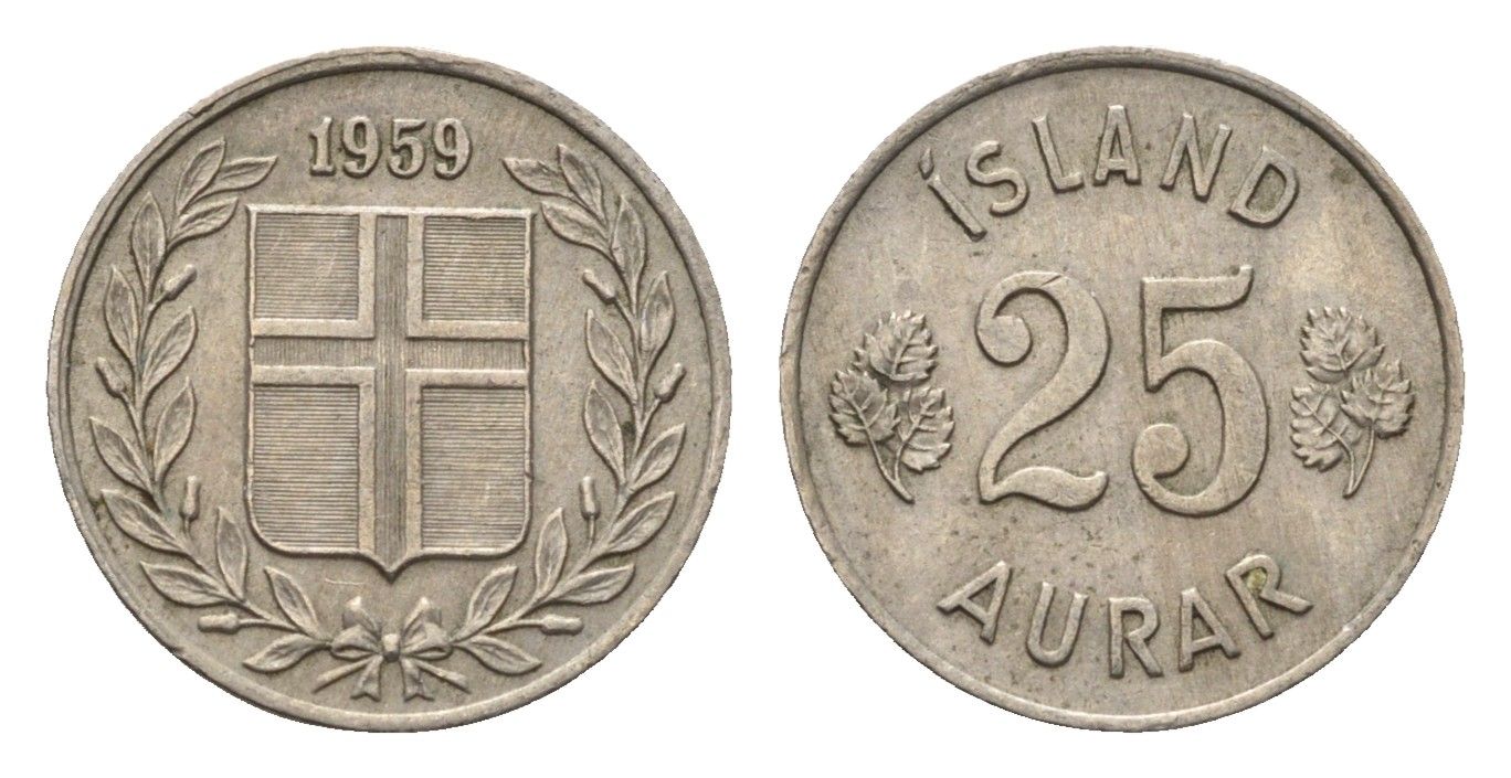 Исландия 25 эйре 1959 KM 11 медно-никель 4696-329