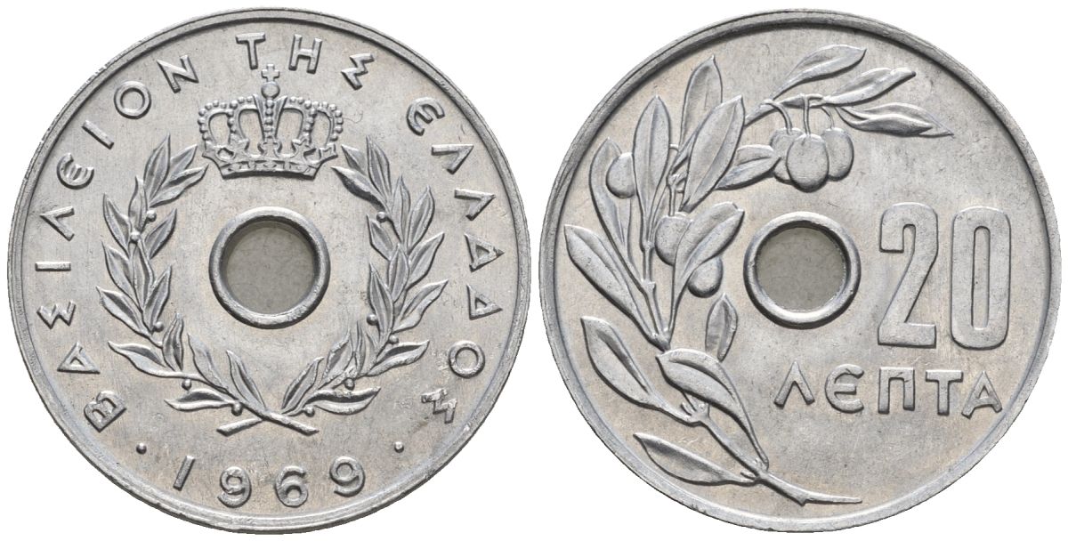 Греция 20 лепт 1969 KM 79, Schoen 19 алюминий 4519-133