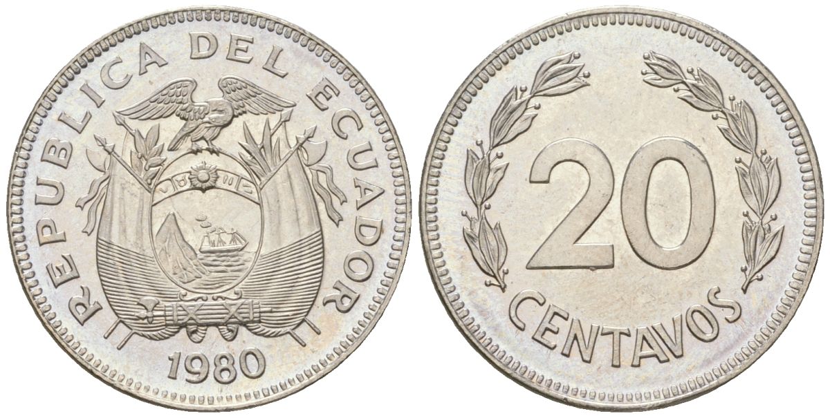 Эквадор 20 сентаво 1980 KM 77.2a сталь плакированная никелем aUNC 4611-725