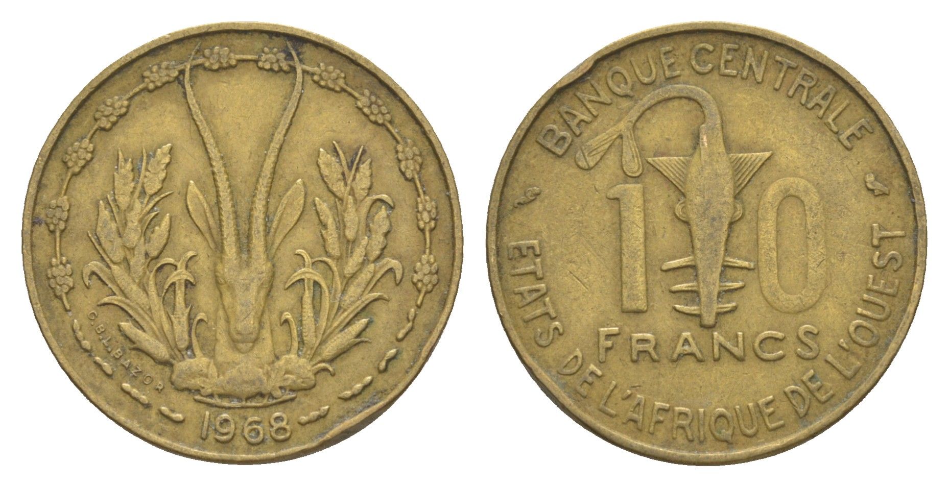 Западная Африка (BCEAO) 10 франков 1968 KM 1a медь алюминий никель 4175-1156