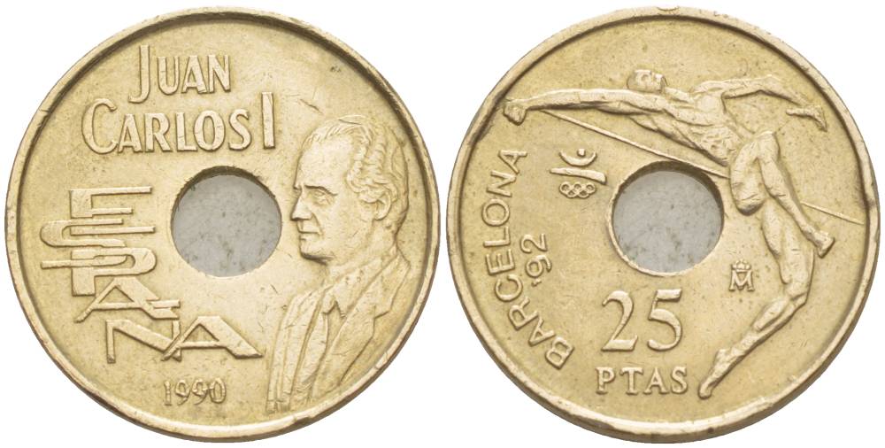 ИСПАНИЯ 25 ПЕСЕТ 1990 ОЛИМПИЙСКИЕ ИГРЫ В БАРСЕЛОНЕ 1992 ГОДА, ПРЫЖКИ В ВЫСОТУ, ХУАН КАРЛОС I (1975-) KM 851 никель бронза 4551-1013