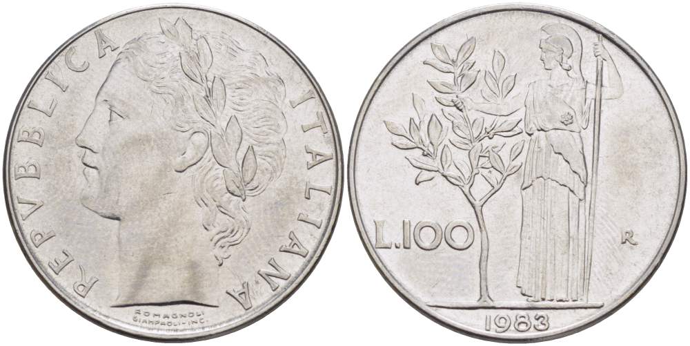 ИТАЛИЯ 100 ЛИР 1983 R, АФИНА, ДИАМЕТР 28 ММ. KM 96.1 нержавеющая сталь 4531-114
