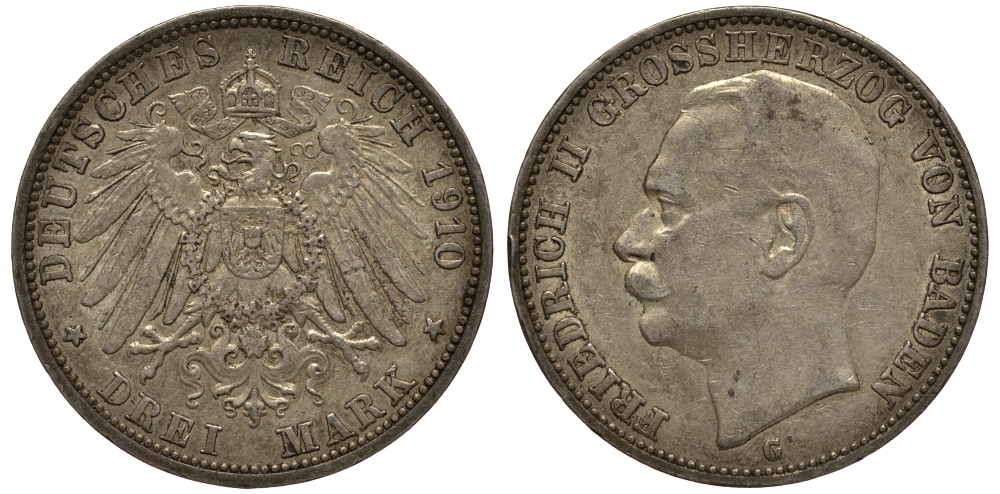 Баден 3 марки 1910 Фридрих II (1907-1918) J. 39, KM 280 серебро    3711-1643