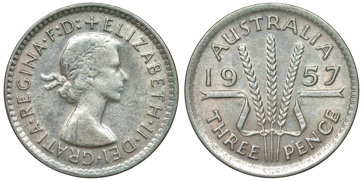 Австралия 3 пенса 1957 m, Елизавета II (1952-2022) KM 57 серебро 71-523
