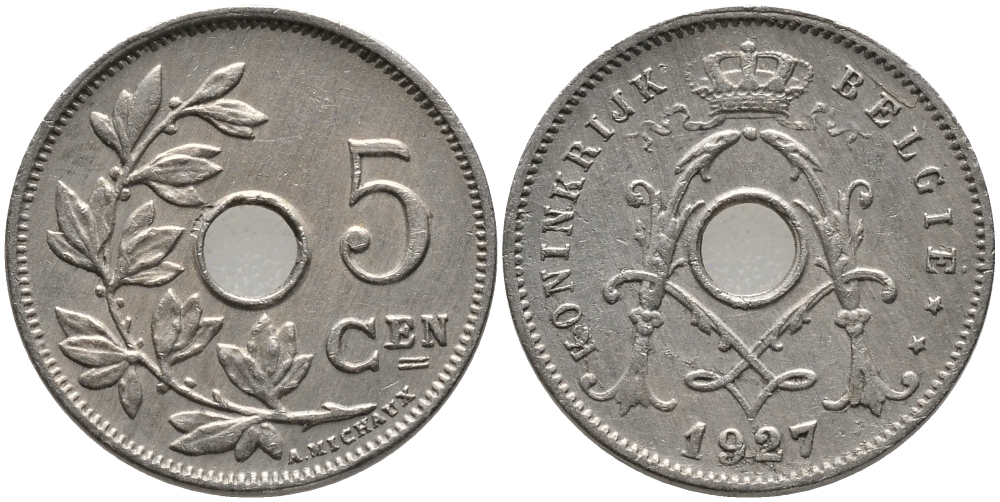 БЕЛЬГИЯ 5 САНТИМОВ 1927 BELGIE KM 67 медно-никель 76-134