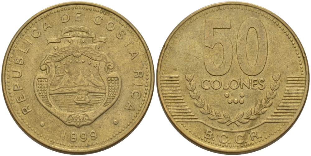 КОСТА-РИКА 50 КОЛОН 1999 KM 231.1 латунь 82-221