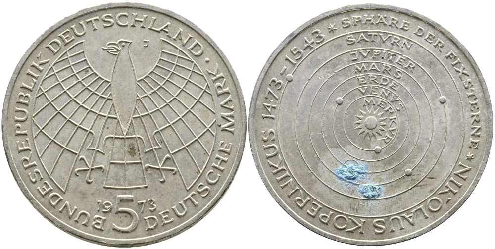 ФРГ 5 марок 1973 J, 500 лет со дня рождения Николая Коперника KM 136, J. 411 серебро 58-924