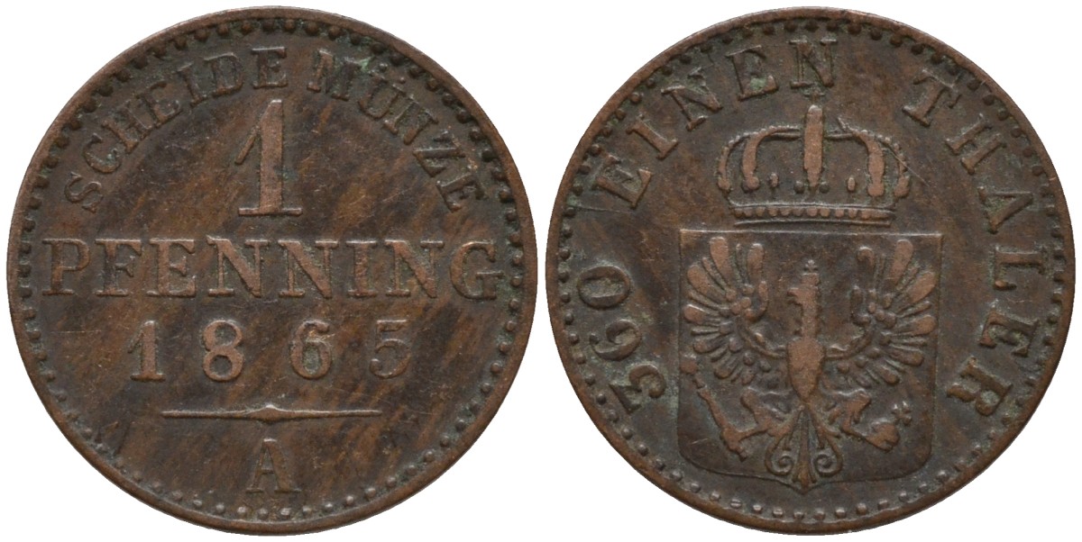 Пруссия 1 пфенниг 1865 А, Вильгельм I (1861-1888) KM 480 медь 4532-457