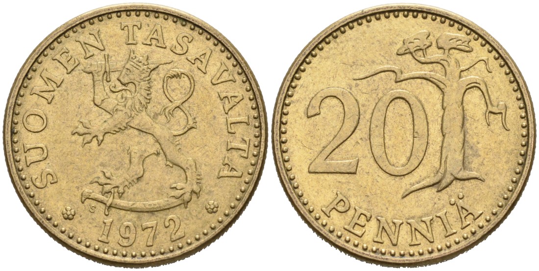 Финляндия 20 пенни 1972 S KM 47 алюминиевая бронза 4563-316