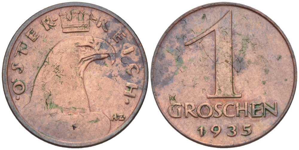 АВСТРИЯ 1 ГРОШ 1935 ДОВОЕННАЯ ДЕСЯТИЧНАЯ ЧЕКАНКА KM 2836 бронза 201-162