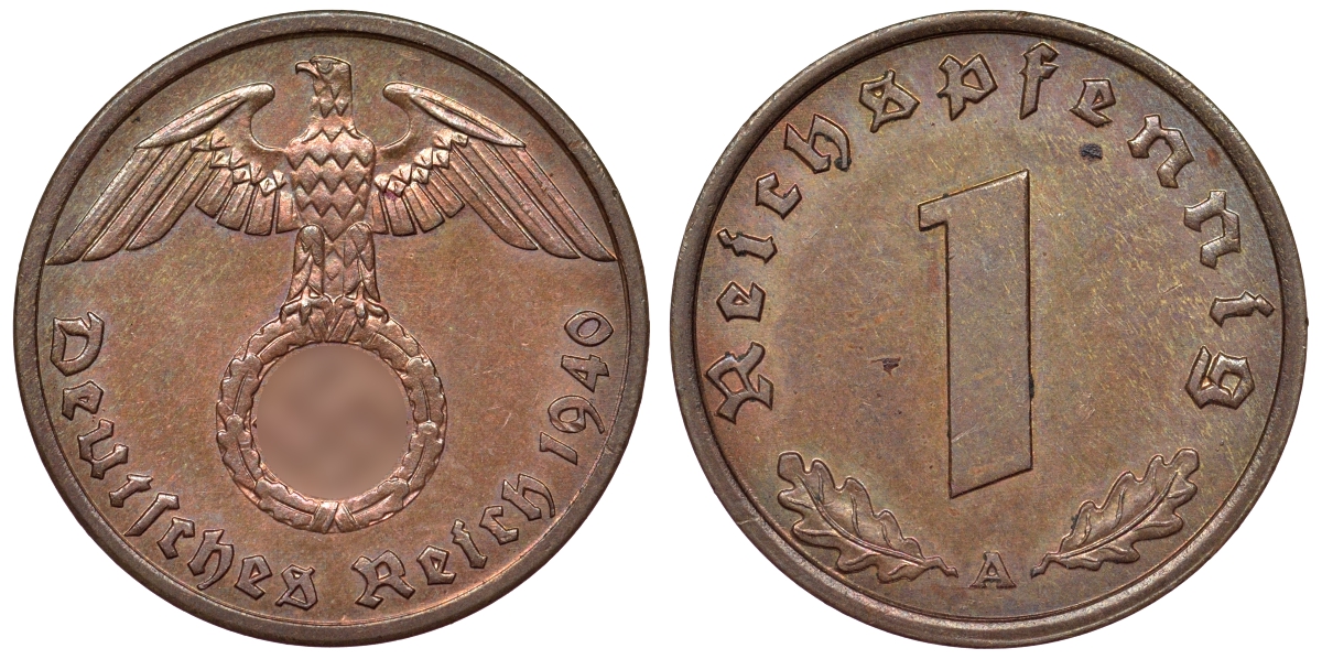 Германия 1 рейхспфенниг 1940 A KM 89, J. 361 бронза 71-1031