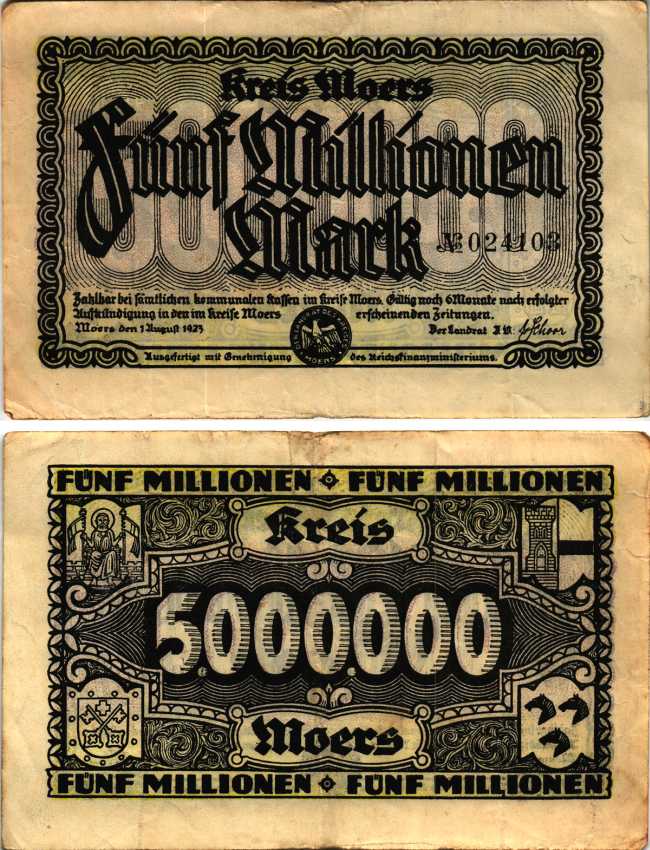 МЁРС 5000000 МАРОК 1923 НОТГЕЛЬД, 1 АВГУСТА 1923, ЗЕМЛЯ СЕВЕРНЫЙ РЕЙН-ВЕСТФАЛИЯ Keller 3593h бумага 6300-33-2-2