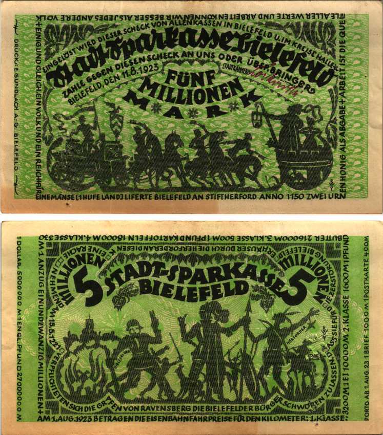 БИЛЕФЕЛЬД 5000000 МАРОК 1923 НОТГЕЛЬД, 11 АВГУСТА 1923, ЗЕМЛЯ СЕВЕРНЫЙ РЕЙН-ВЕСТФАЛИЯ Grabowski 80 (GR 33) бумага 6300-32-3-2