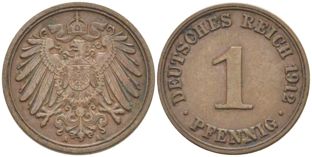 ГЕРМАНИЯ 1 ПФЕННИГ 1912 A KM 10, J. 10, Weege 2 медь 211-461