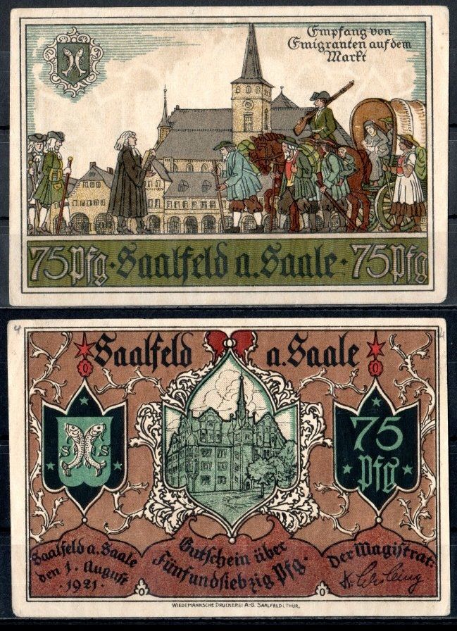 Заальфельд (Заале) (Тюрингия) 75 пфеннигов 1921 Mehl Grabowski 1155.5-2/5 бумага UNC (пресс) 7553-19-3-1