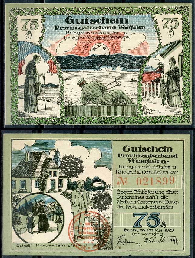 Германия, Бохум 75 пфеннигов 1920 нотгельд, осиротевшие семьи Li. 121, M 128.1 бумага UNC (пресс) 444-68-3-2