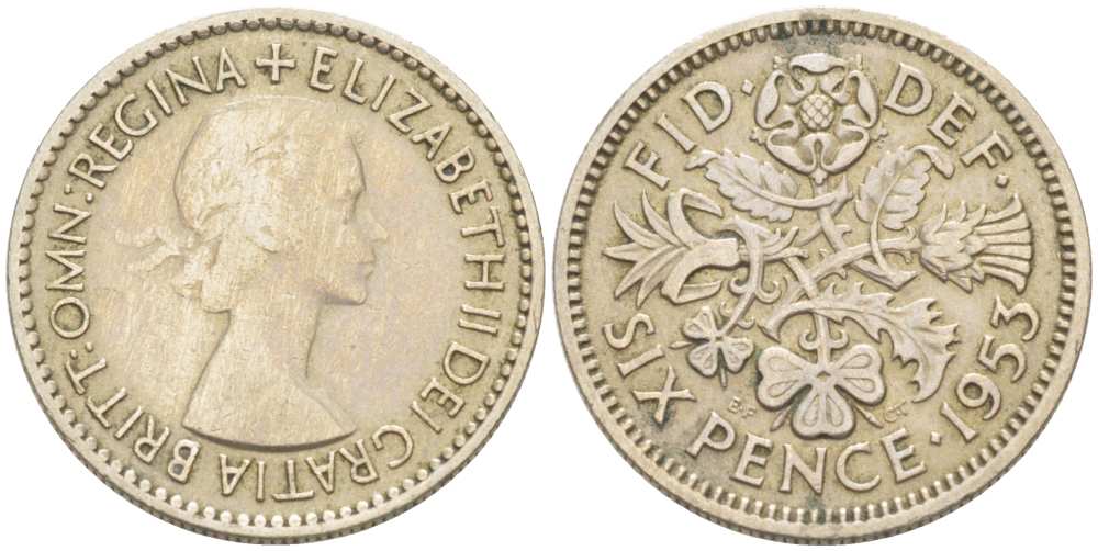 Великобритания 6 пенсов 1953 Елизавета II (1952-2022) KM 889, Spink 4141 медно-никель 218-835