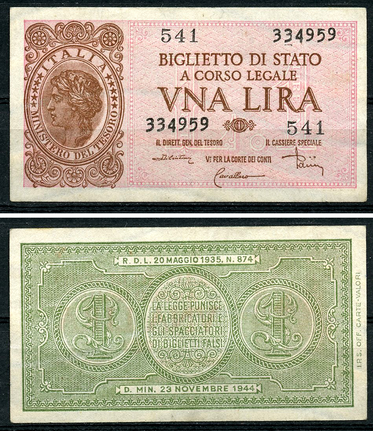 Италия 1 лира 1944 подписи Di Cristina, Cavallaro, Parisi Pick 29 c, Grapanzano BS 8  бумага  aUNC 8614-4-2-2