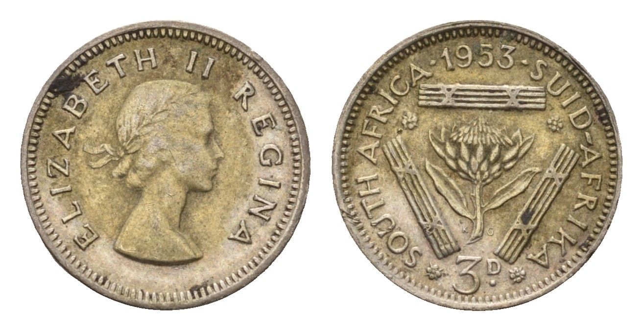 ЮАР 3 пенса 1953 Елизавета II (1952-2022) KM 47 серебро 4549-1266