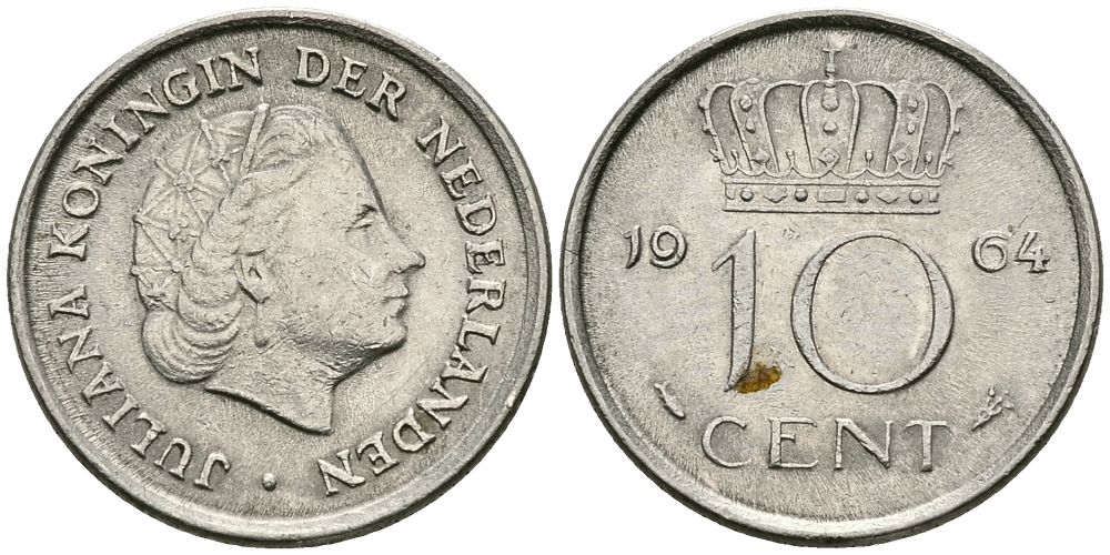 НИДЕРЛАНДЫ 10 ЦЕНТОВ 1964 ЮЛИАНА KM 182 никель 96-445