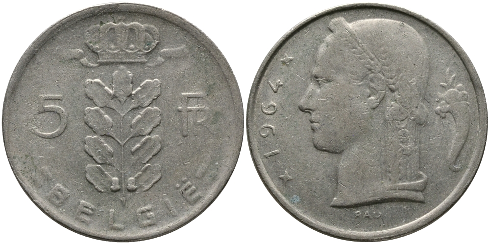 Бельгия 5 франков 1964 Belgie, Бодуэн I (1951-1993) KM 135.1 медно-никель 98-543