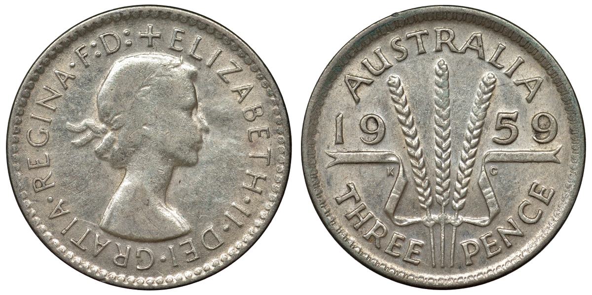 Австралия 3 пенса 1959 m, Елизавета II (1952-2022) KM 57 серебро 71-611