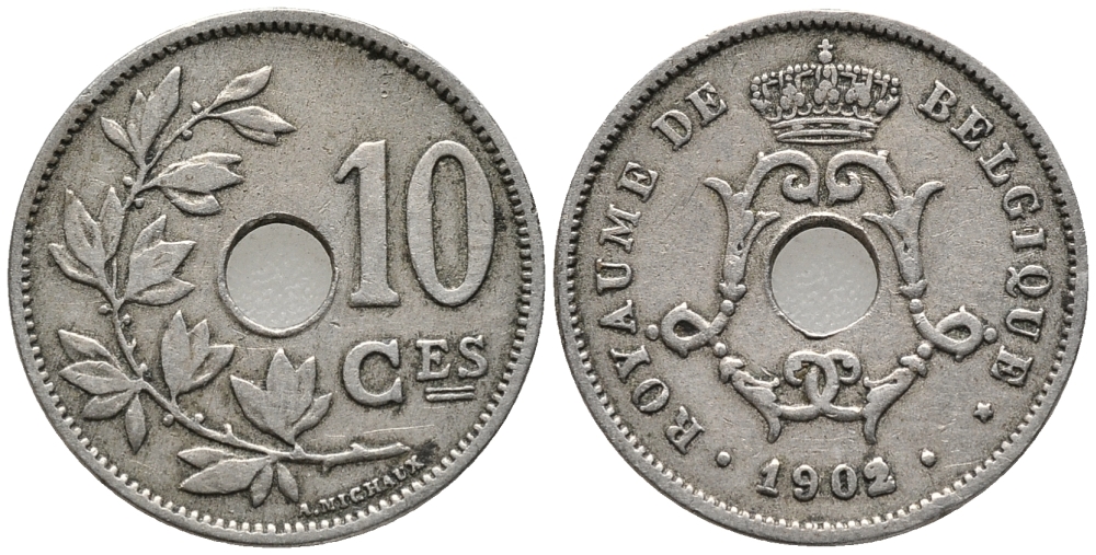 БЕЛЬГИЯ 10 САНТИМОВ 1902 BELGIQUE KM 48 медно-никель 34-1122